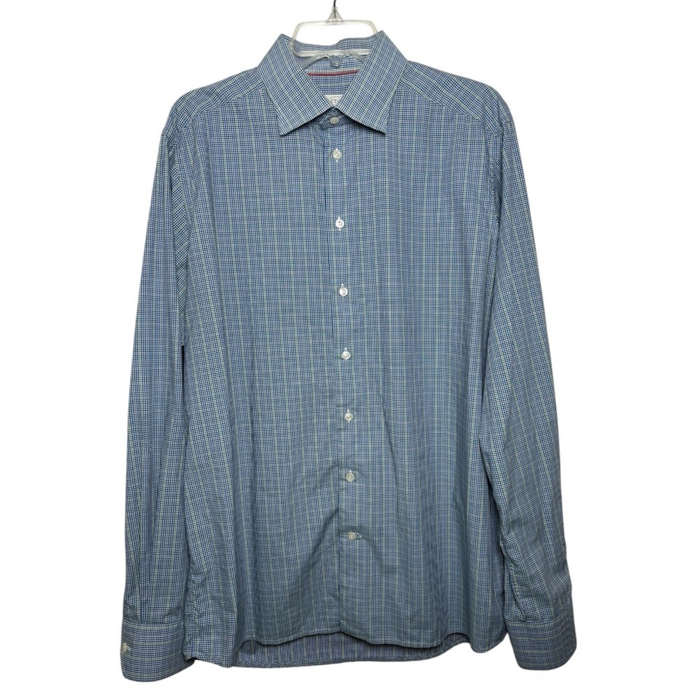 Eton Contemporary Fit Micro Check Dress Shirt Size 44 Neck 17.5 Blue Green